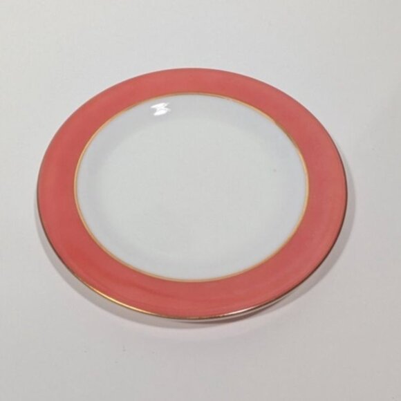 Pyrex White Glass Dinner Plate Pink Coral Band Gold Trim Vintage Collectible - Picture 1 of 10